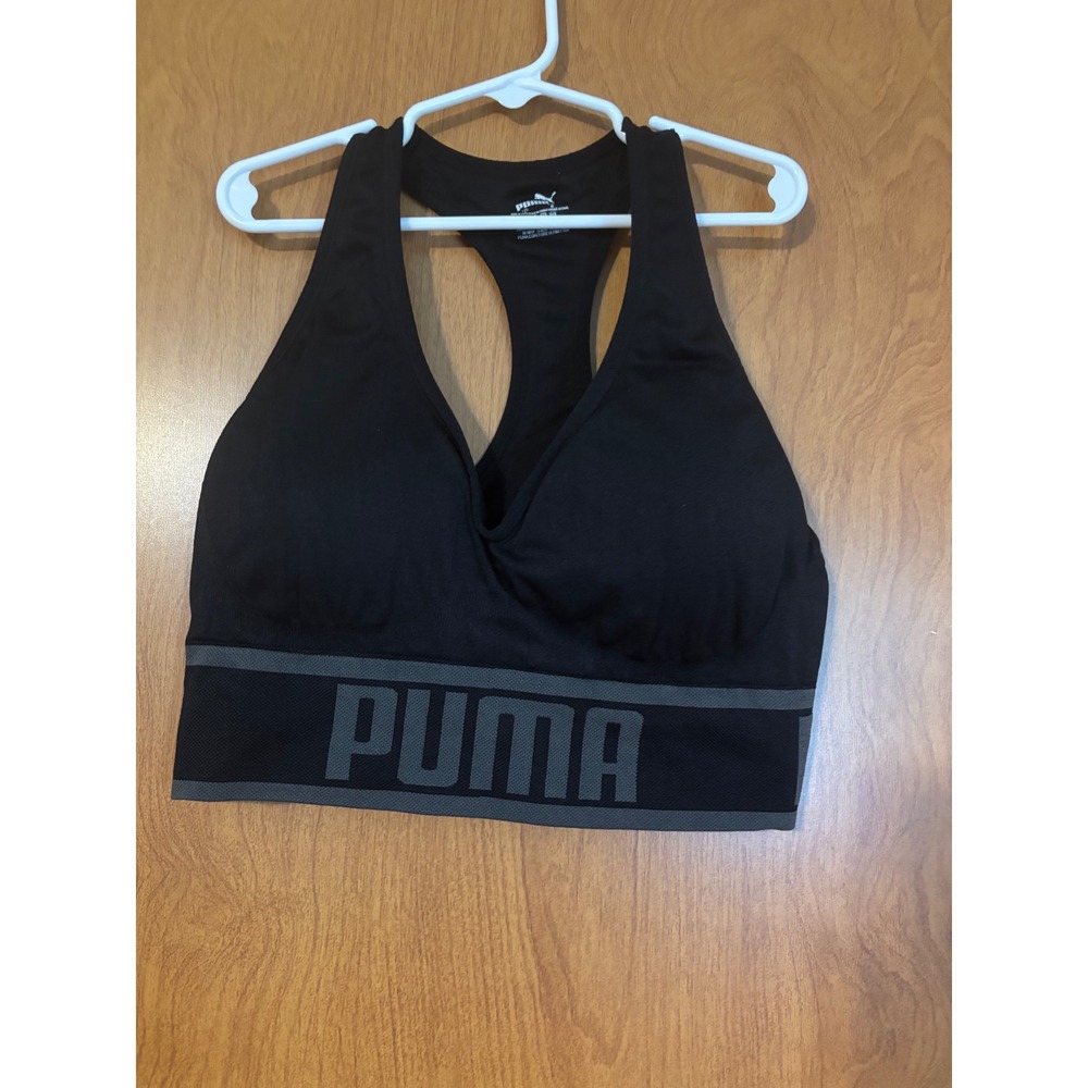 Puma Womens Black Racerback Sports Bra Large Logo Band Low Impact Gym Top